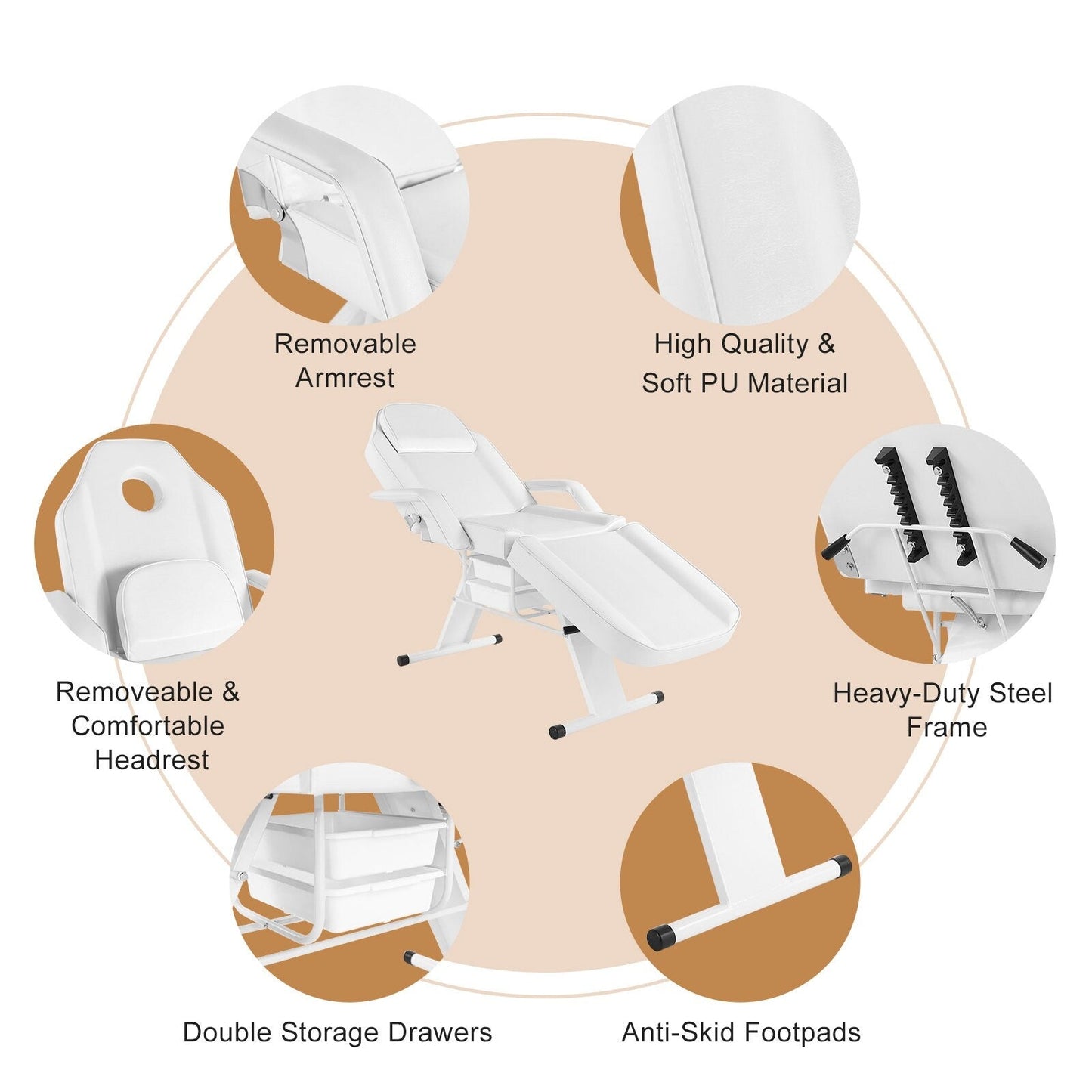 Chaise de massage, de tatouage, de spa, de soins du visage, de beauté, blanche