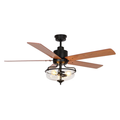 Ventilateur de plafond réversible en bois de 52 pouces, 5 pales et 3 lumières, avec télécommande