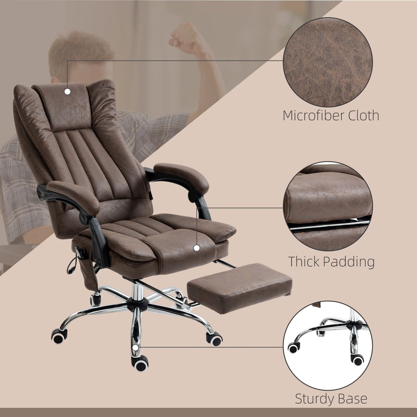 Fauteuil de bureau ergonomique de massage en microfibre, dossier haut, inclinable, chauffant, repose-pieds et télécommande