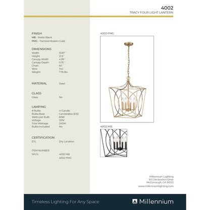 Luminaire suspendu Millennium Lighting Tracy à 4 lumières, disponible en plusieurs finitions
