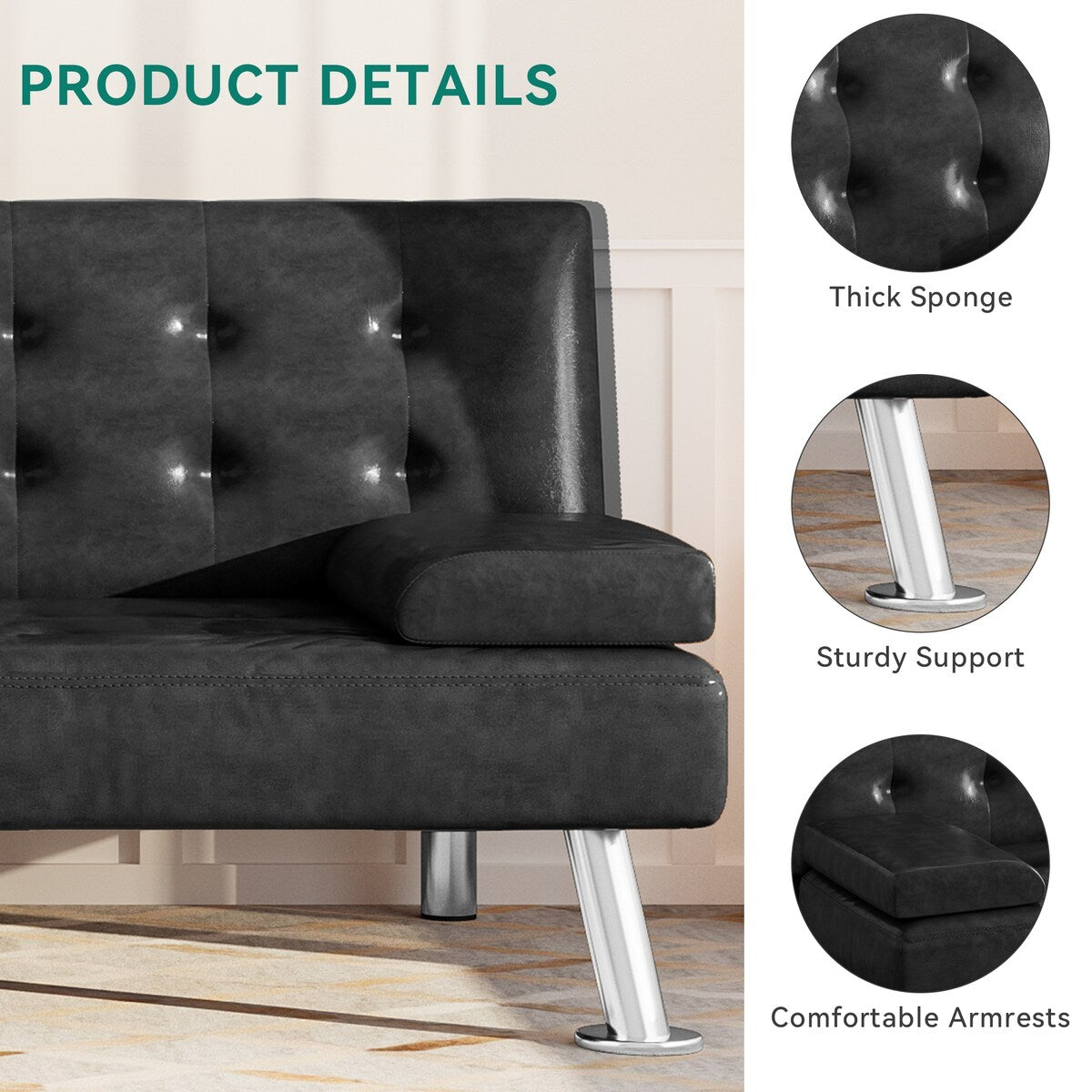 Canapé-lit futon pliable en similicuir Moasis - 64 L x 30 l x 26 H