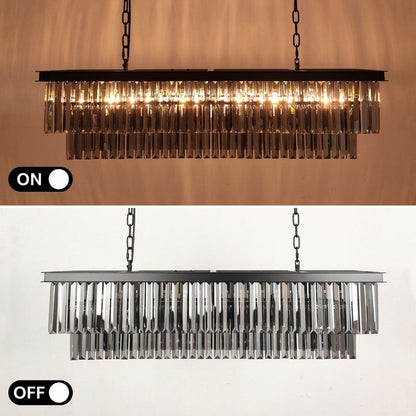 Lustre contemporain en cristal gris fumé et noir de 47 po, luminaire suspendu linéaire à deux niveaux pour îlot de cuisine et salle à manger