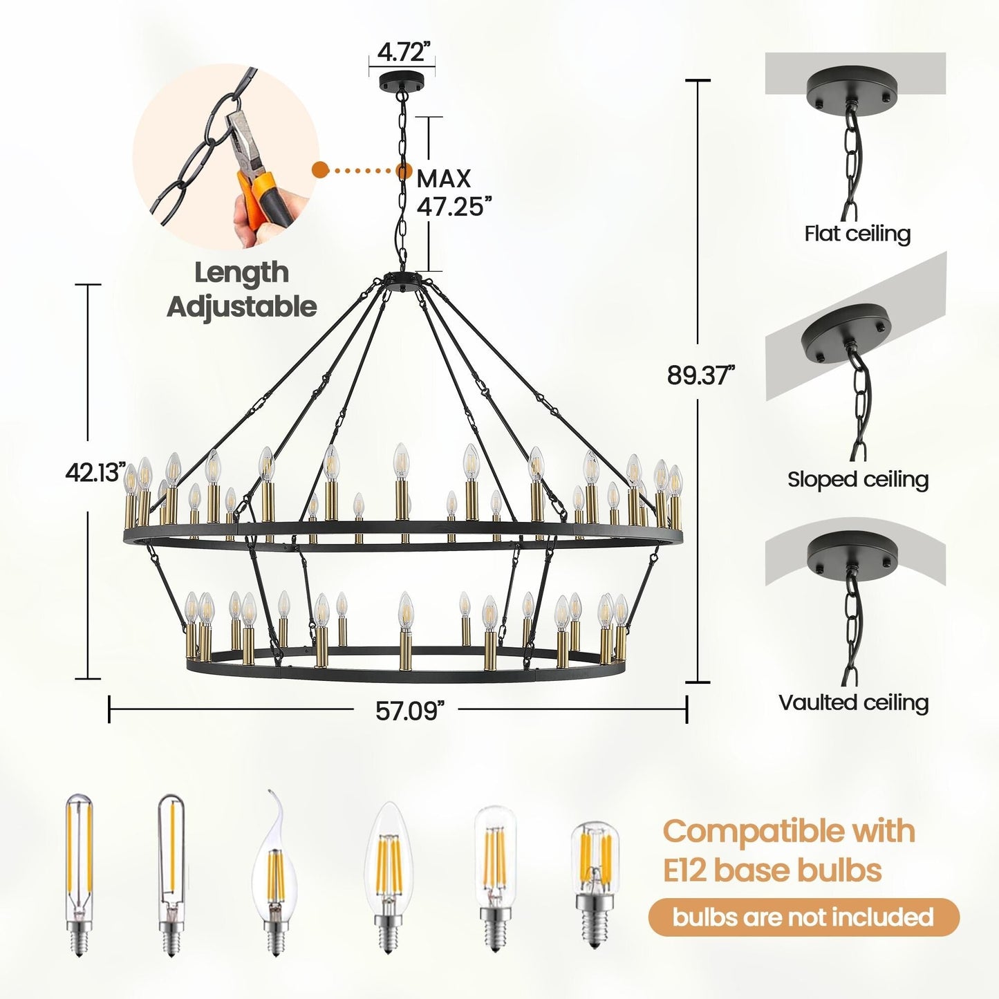 Lustre de ferme moderne à 2 niveaux, lustre rond en forme de roue de chariot, grand plafonnier haut.