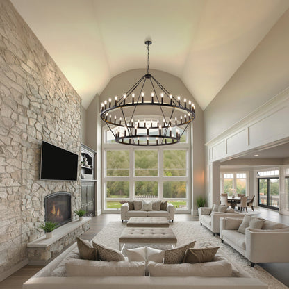 Lustre de ferme moderne à 2 niveaux, lustre rond en forme de roue de chariot, grand plafonnier haut.