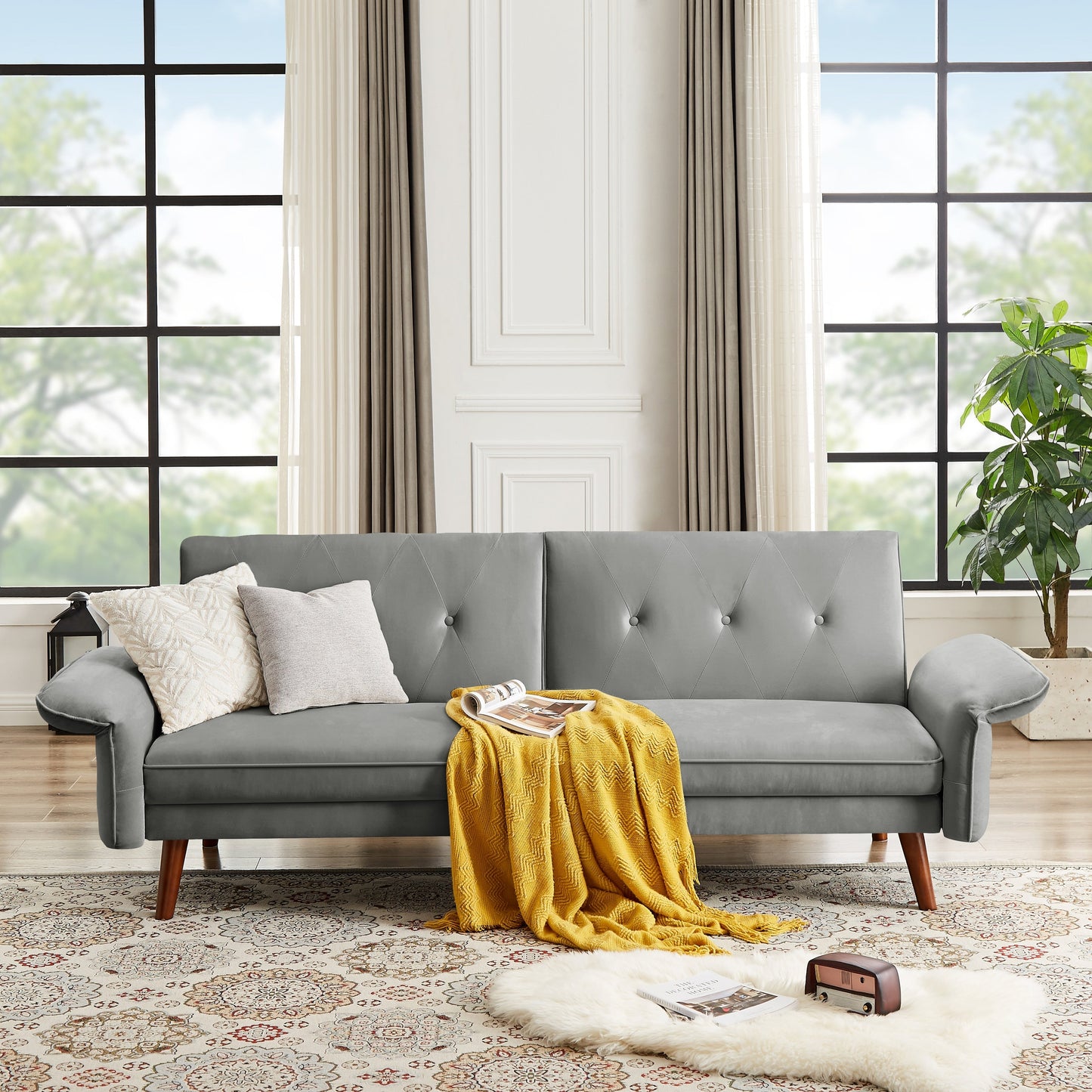 Canapé-lit futon moderne, canapé-lit convertible avec pieds fuselés en bois, 78,35 l, petit canapé à dossier divisé pour salon