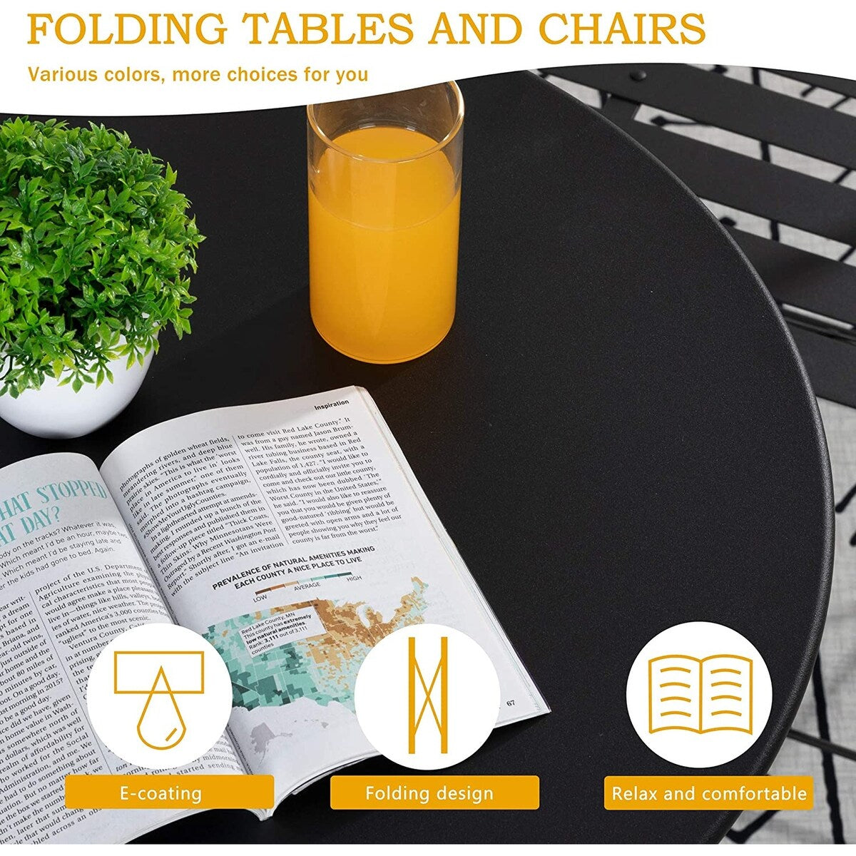 Ensemble bistrot pliant en métal 3 pièces, résistant aux intempéries, pour l'extérieur et l'intérieur, idéal pour la terrasse, la cour et le jardin.