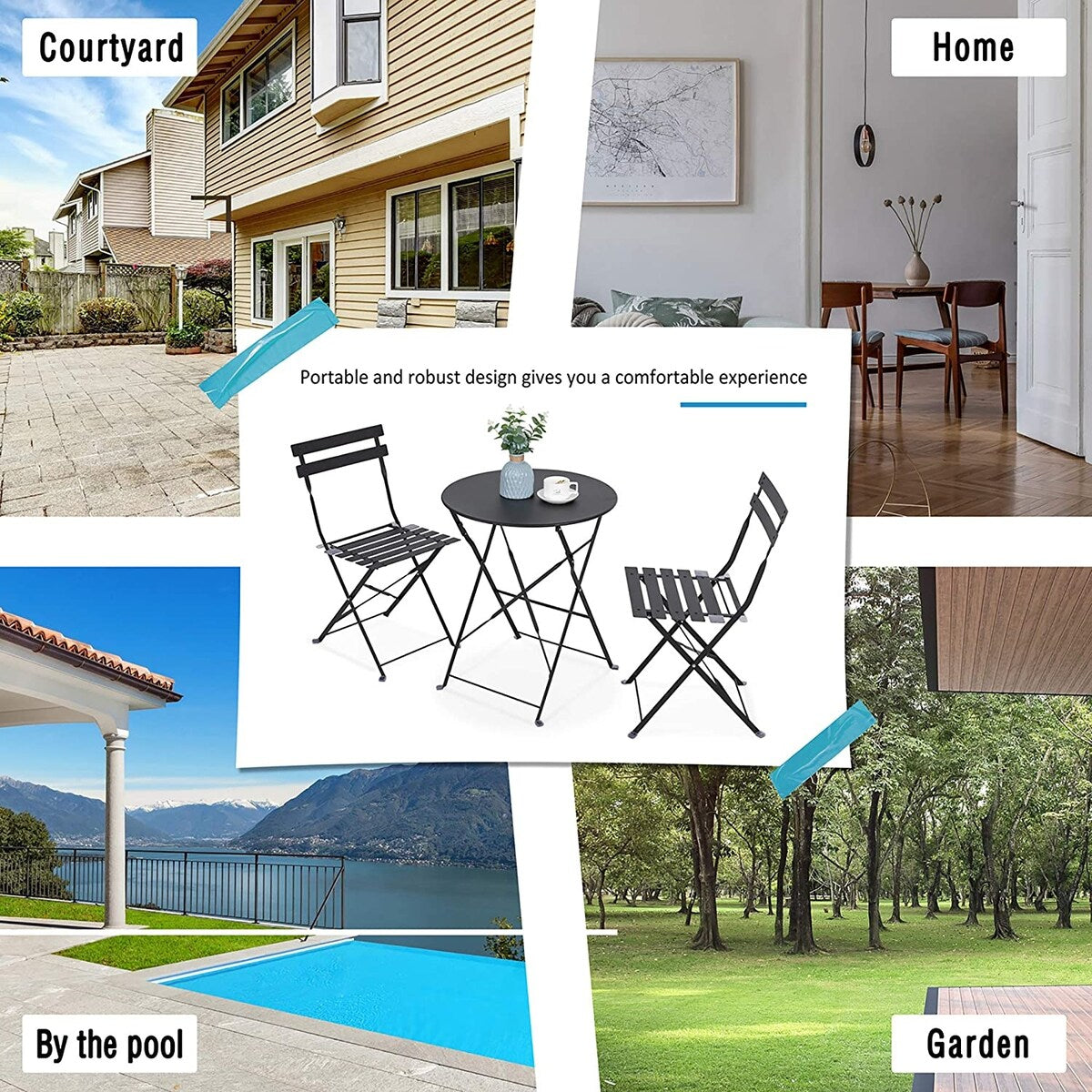 Ensemble bistrot pliant en métal 3 pièces, résistant aux intempéries, pour l'extérieur et l'intérieur, idéal pour la terrasse, la cour et le jardin.