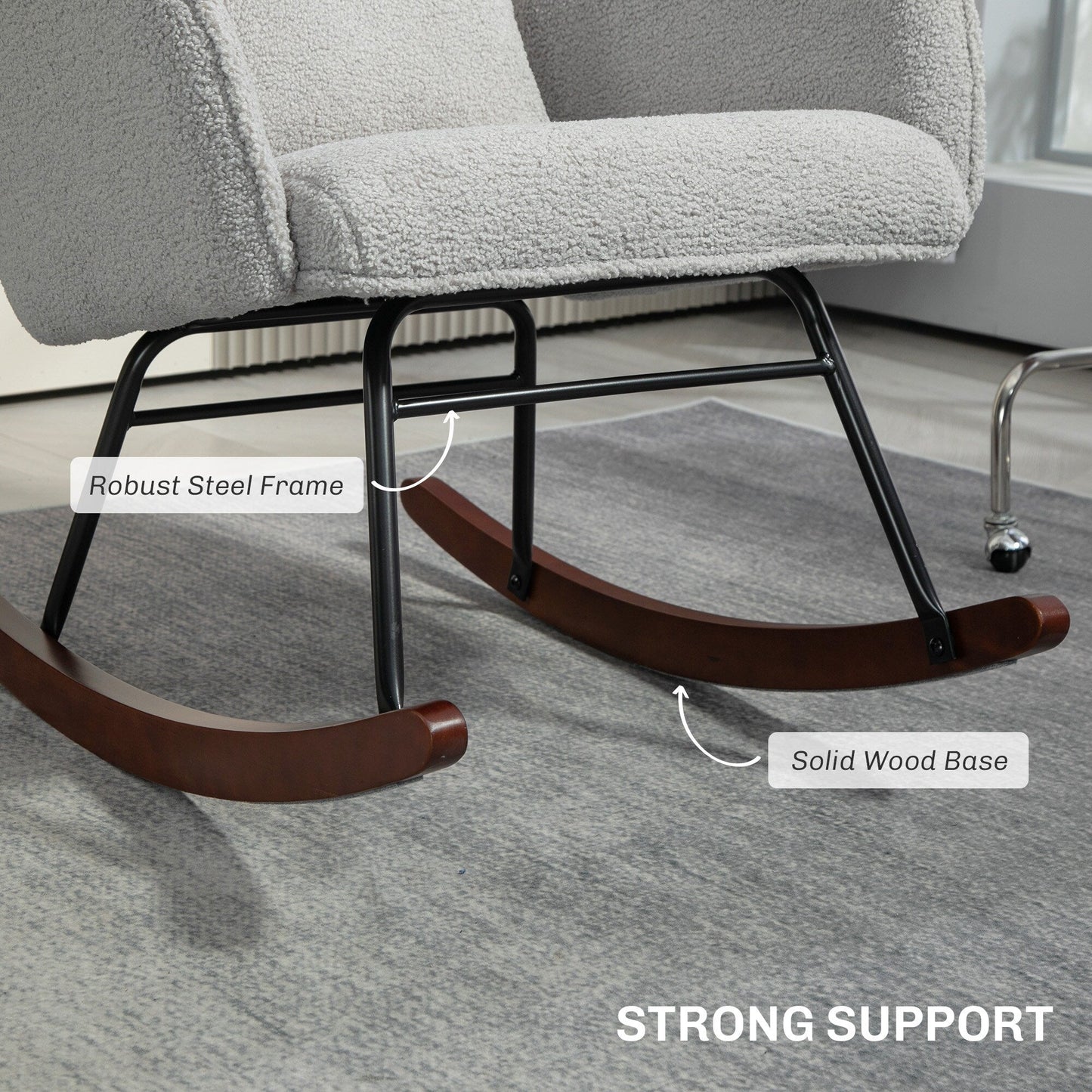 Fauteuil à bascule rembourré moderne avec dossier haut, appui-tête et coussin lombaire pour salon ou chambre à coucher