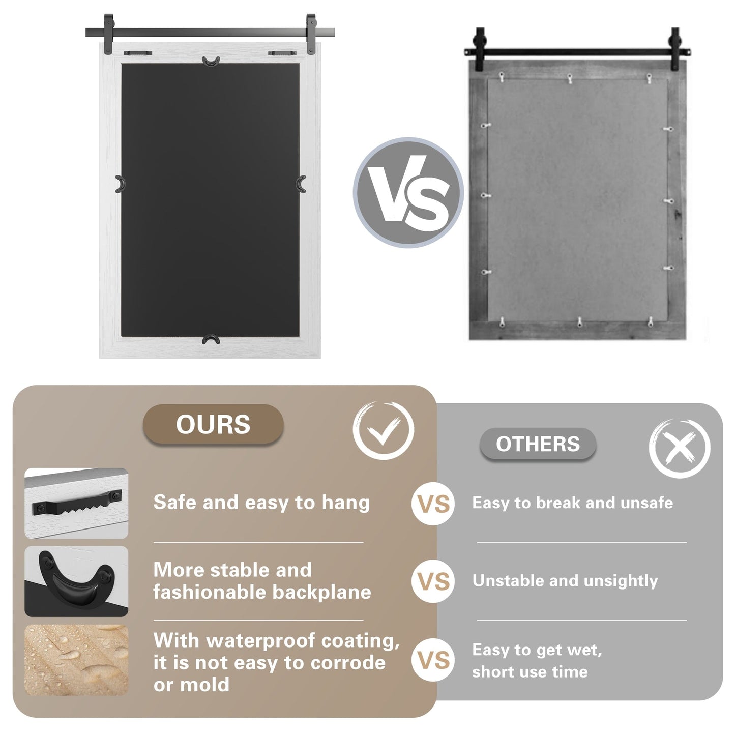 Miroirs muraux modernes, miroir rectangulaire à cadre en bois, miroir de salle de bain, miroir de style grange, miroir de porte de grange disponible en plusieurs tailles