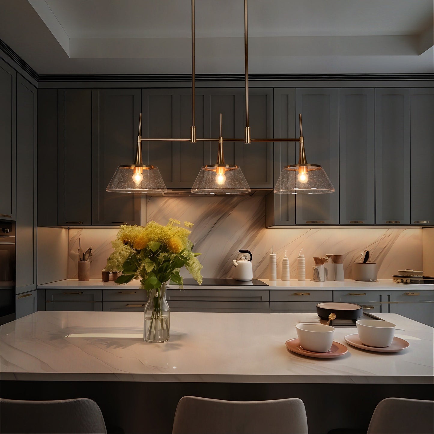 Lustre moderne Mola en verre grainé doré à 3 lumières, luminaire suspendu linéaire pour salle à manger