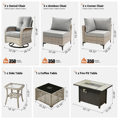 Ensemble de 9 chaises pivotantes d'extérieur en osier OVIOS avec table à feu