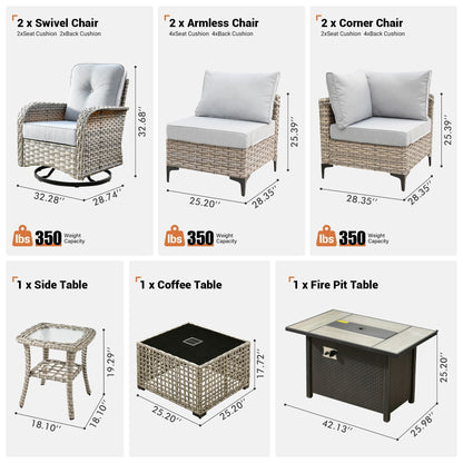 Ensemble de 9 chaises pivotantes d'extérieur en osier OVIOS avec table à feu