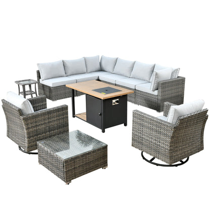 Ensemble de salon sectionnel OVIOS en osier à siège profond, 11 pièces, chaises pivotantes, foyer