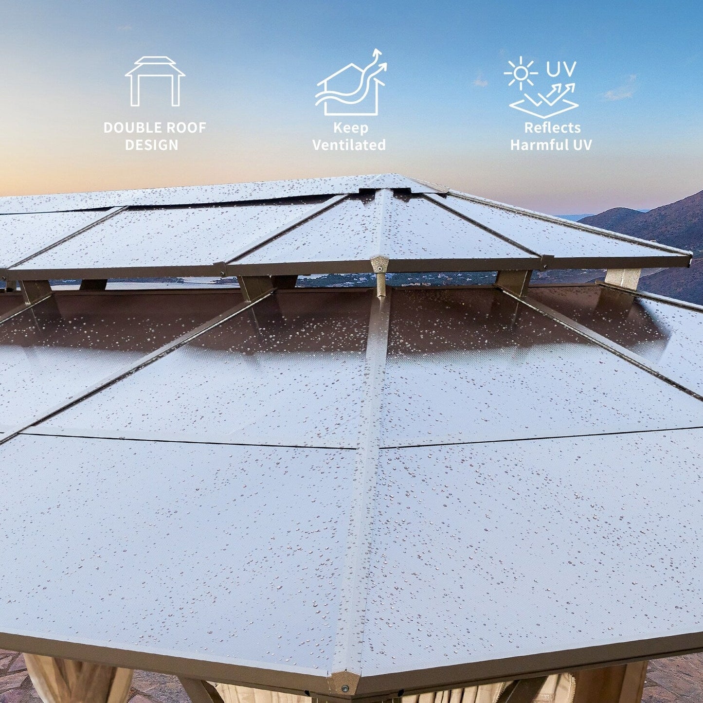 Gazebo à toit rigide EROMMY, pergola d'extérieur avec double toit, filet et rideaux, auvent robuste pour patio, arrière-cour, fête au bord de la piscine