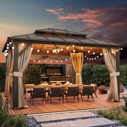 Gazebo à toit rigide EROMMY, pergola d'extérieur avec double toit, filet et rideaux, auvent robuste pour patio, arrière-cour, fête au bord de la piscine