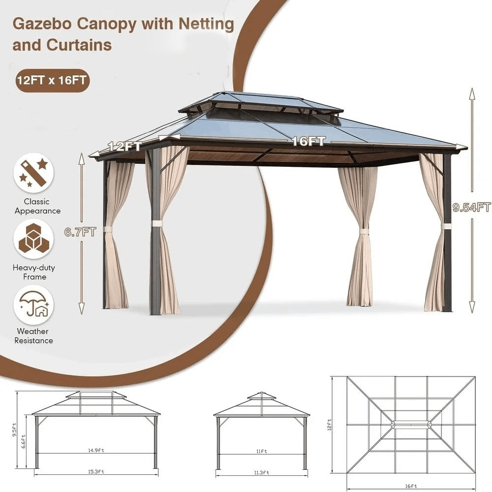 Gazebo à toit rigide EROMMY, pergola d'extérieur avec double toit, filet et rideaux, auvent robuste pour patio, arrière-cour, fête au bord de la piscine