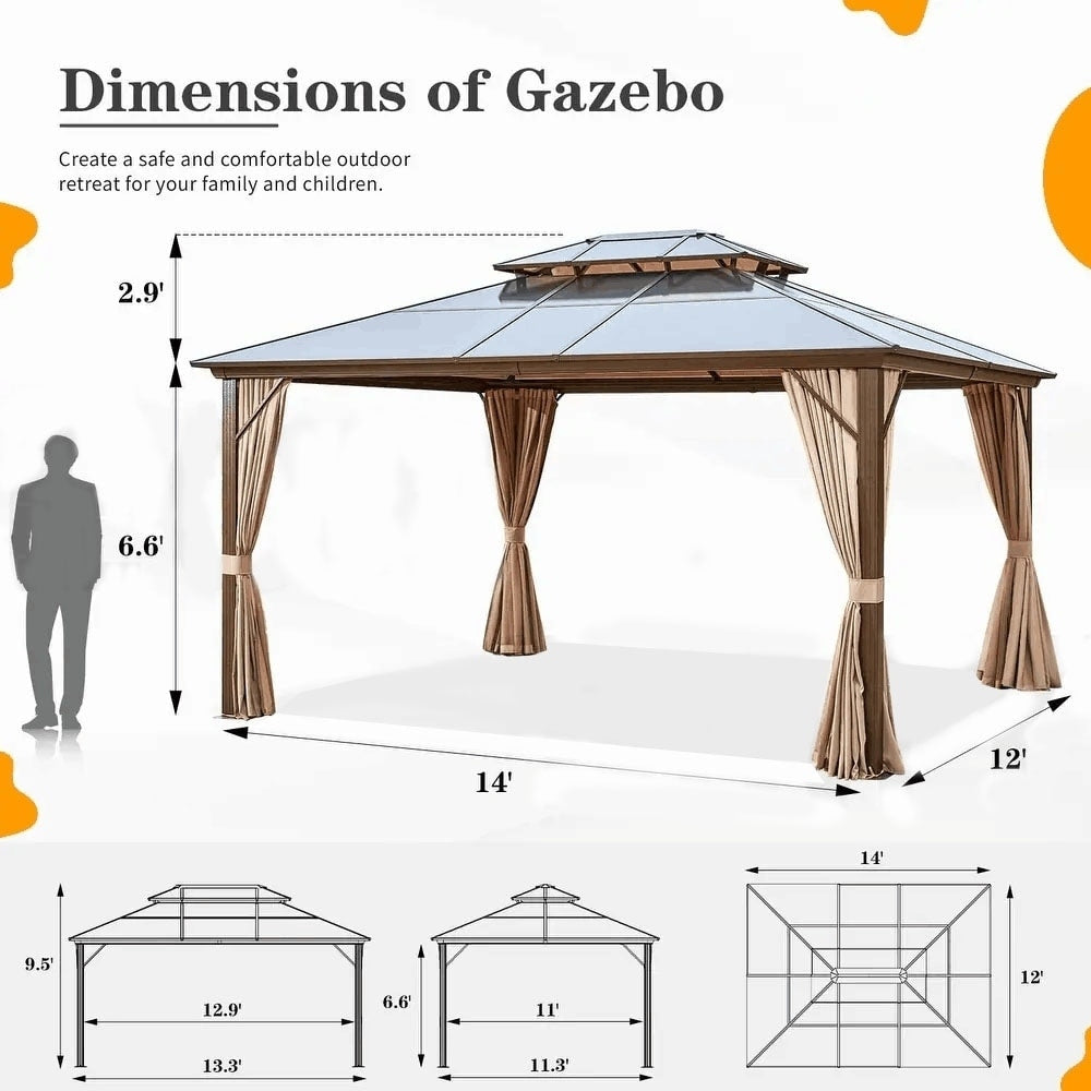 Gazebo à toit rigide EROMMY, pergola d'extérieur avec double toit, filet et rideaux, auvent robuste pour patio, arrière-cour, fête au bord de la piscine