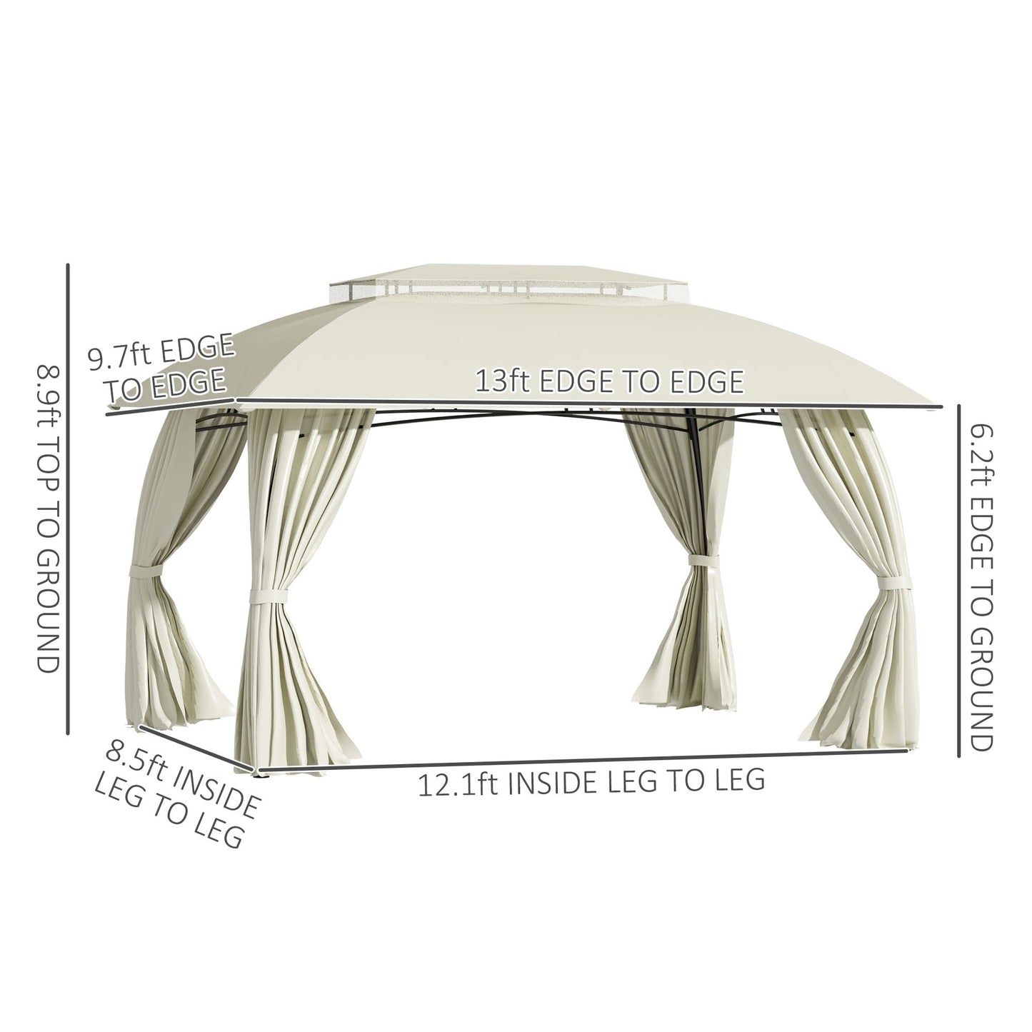 Gazebo de terrasse Outsunny 10' x 13', abri d'extérieur avec parois latérales, toit à double ventilation et structure en acier