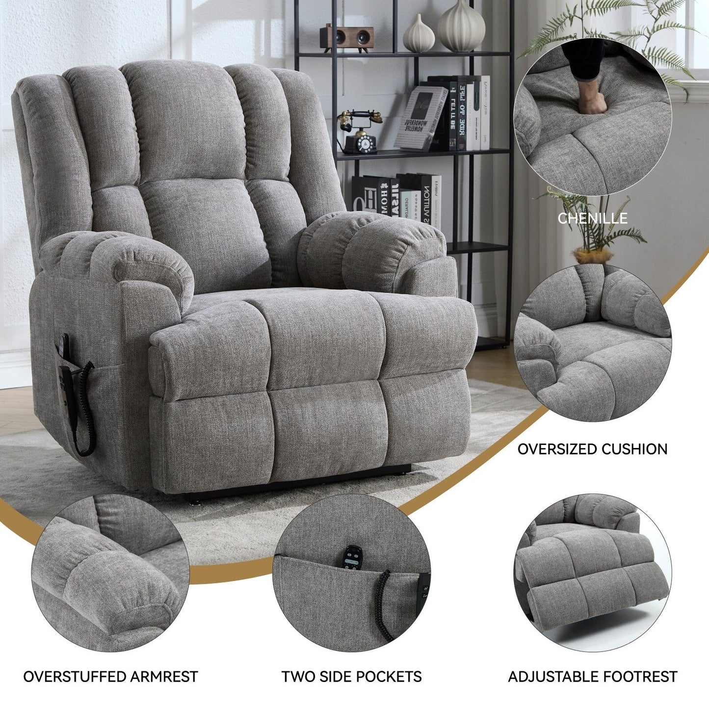 Fauteuil inclinable électrique surdimensionné en chenille avec massage et chauffage lombaire, inclinable en position infinie