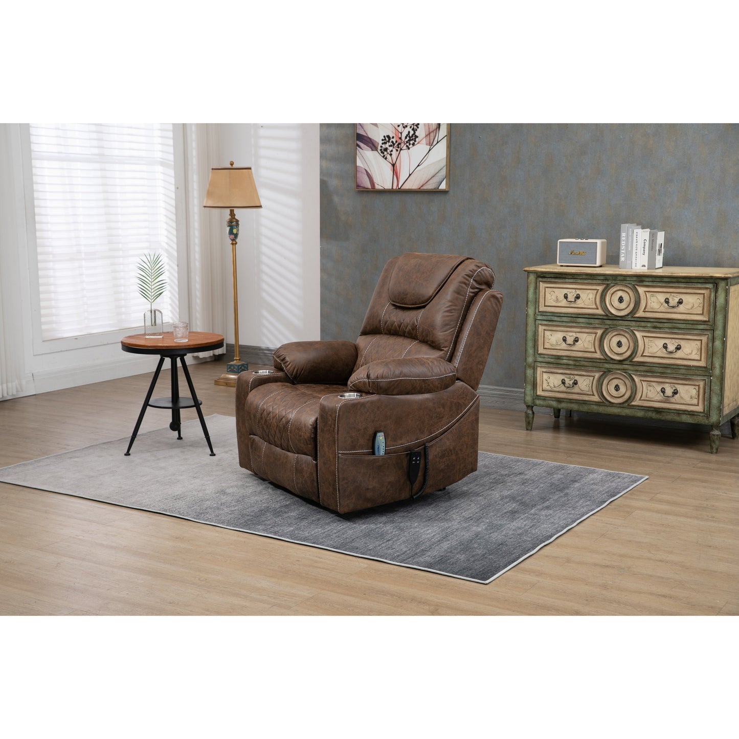 Fauteuil inclinable électrique surdimensionné en cuir PU avec massage, chauffage lombaire, porte-gobelet, inclinaison à plat à 180°