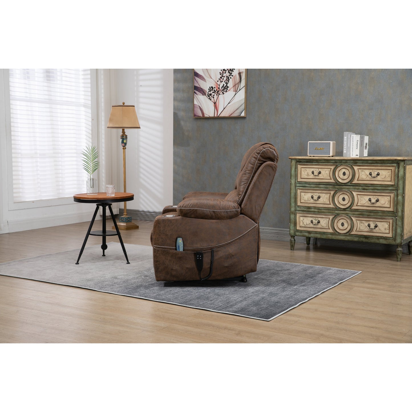 Fauteuil inclinable électrique surdimensionné en cuir PU avec massage, chauffage lombaire, porte-gobelet, inclinaison à plat à 180°