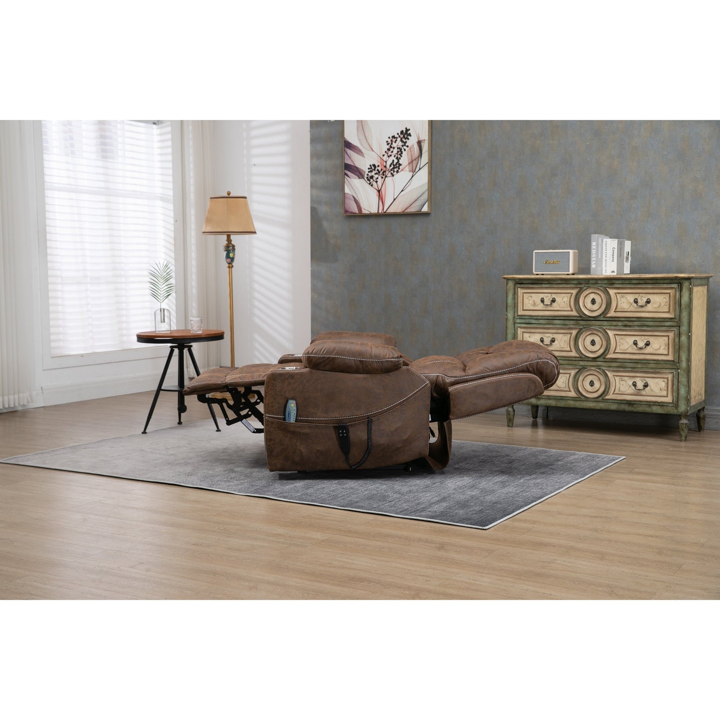 Fauteuil inclinable électrique surdimensionné en cuir PU avec massage, chauffage lombaire, porte-gobelet, inclinaison à plat à 180°