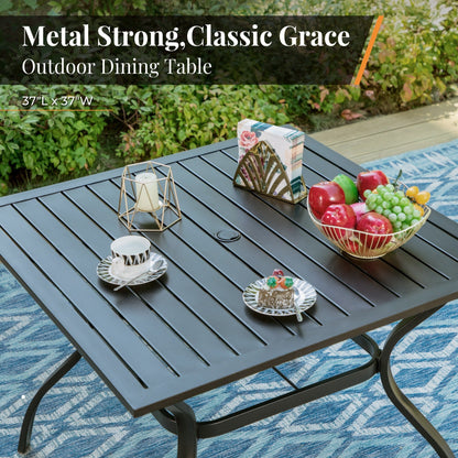 Ensemble de salle à manger de patio 6 pièces MAISON ARTS avec parasol à inclinaison automatique à 3 niveaux de 10 pieds : 4 chaises d'extérieur en métal et 1 table à manger carrée en métal