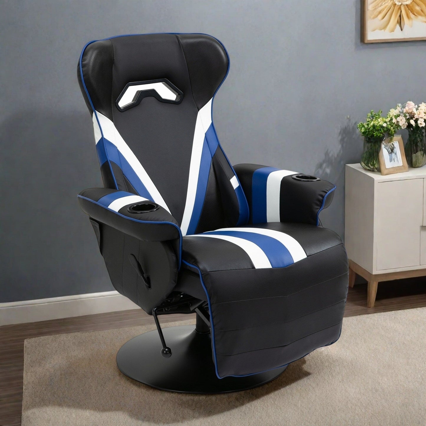 Fauteuil de jeu inclinable sans accoudoirs en PVC avec repose-pieds, porte-gobelets et coutures en losange