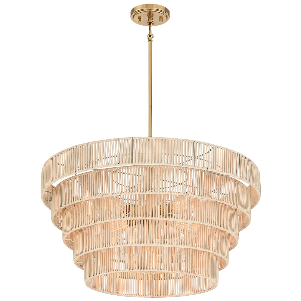 Lustre bohème moderne Piersan à 5 lumières avec abat-jour en rotin à plusieurs niveaux - 26 po de largeur