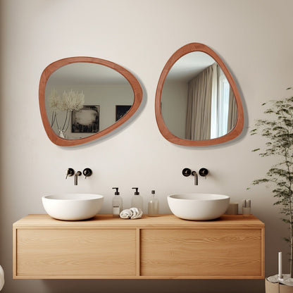 Miroir mural asymétrique en forme de pavé avec cadre en pin