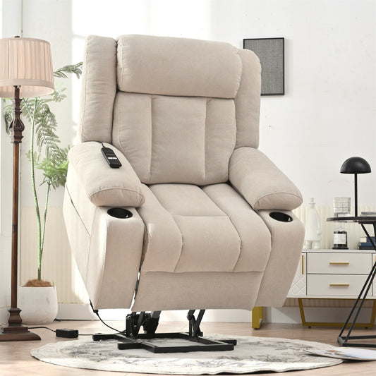 Fauteuil releveur électrique pour personnes âgées, en tissu, avec repose-pieds allongé, 2 porte-gobelets, poches latérales et télécommande.