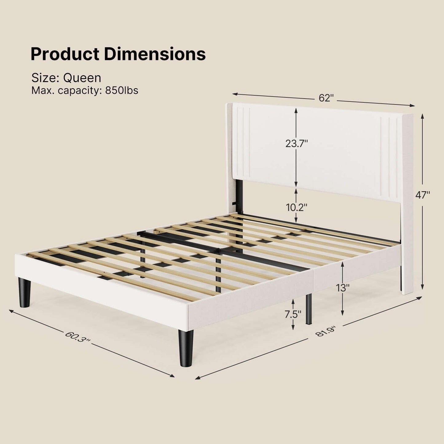 Lit Queen/Full rembourré à canaux verticaux avec tête de lit à oreilles