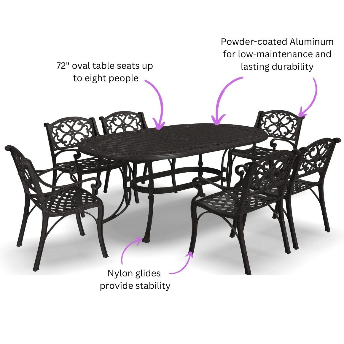 Ensemble de salle à manger d'extérieur en aluminium bronze Sanibel 7 pièces avec table à manger ovale de 72 pouces et six fauteuils par Homestyles