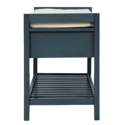 Étagère à chaussures avec assise rembourrée et tiroirs, banc de rangement polyvalent, bleu marine antique - 39 L x 14 l x 19,8 H