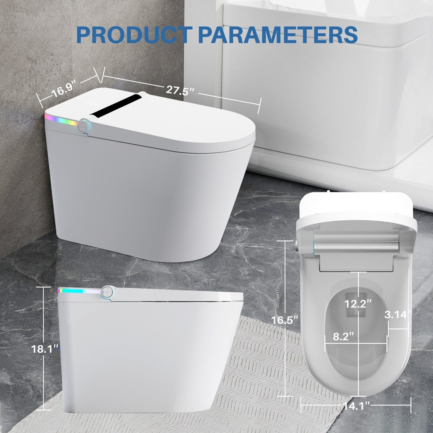 Toilettes intelligentes, toilettes bidet monobloc pour salles de bains, toilettes allongées modernes avec eau chaude, double chasse d'eau automatique, fonctionnement par capteur de pied