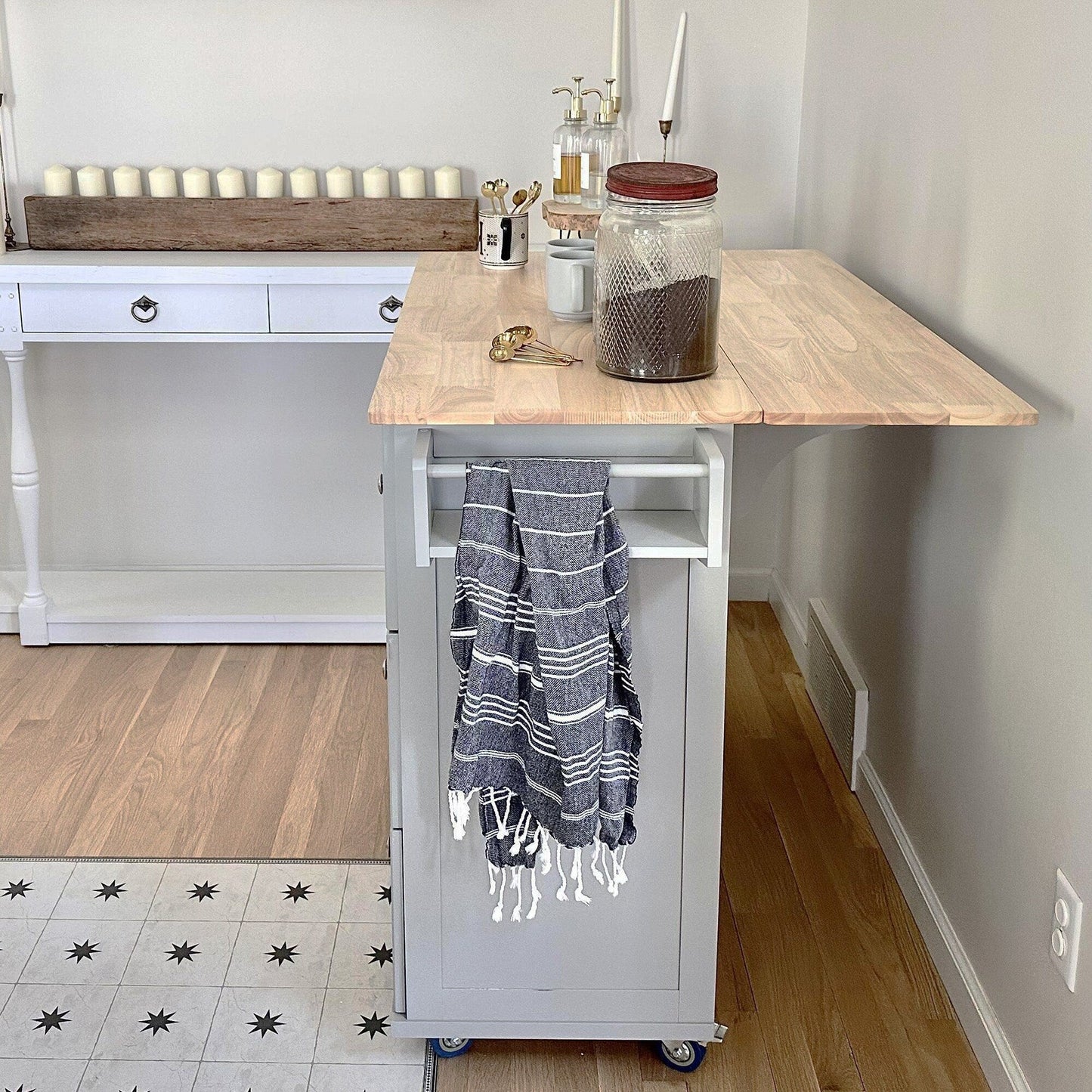 Desserte de cuisine Sophia &amp; William avec abattant et plateau en bois d'hévéa, desserte de cuisine roulante avec grand meuble de rangement