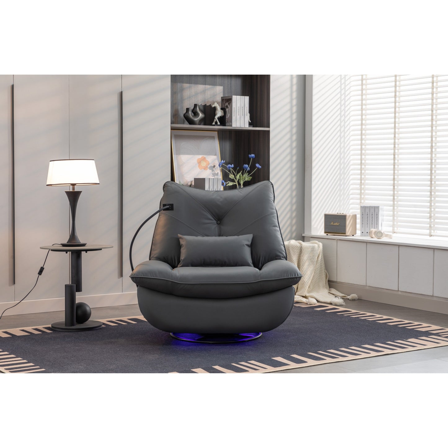 Fauteuil inclinable pivotant et électrique avec haut-parleurs Bluetooth, support de téléphone, ports de chargement USB et Type-C, rangement dissimulé des accoudoirs