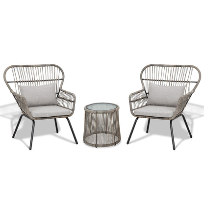 Ensemble de bistrot d'extérieur 3 pièces en osier, mobilier de jardin en rotin toutes saisons, chaises de patio avec coussins