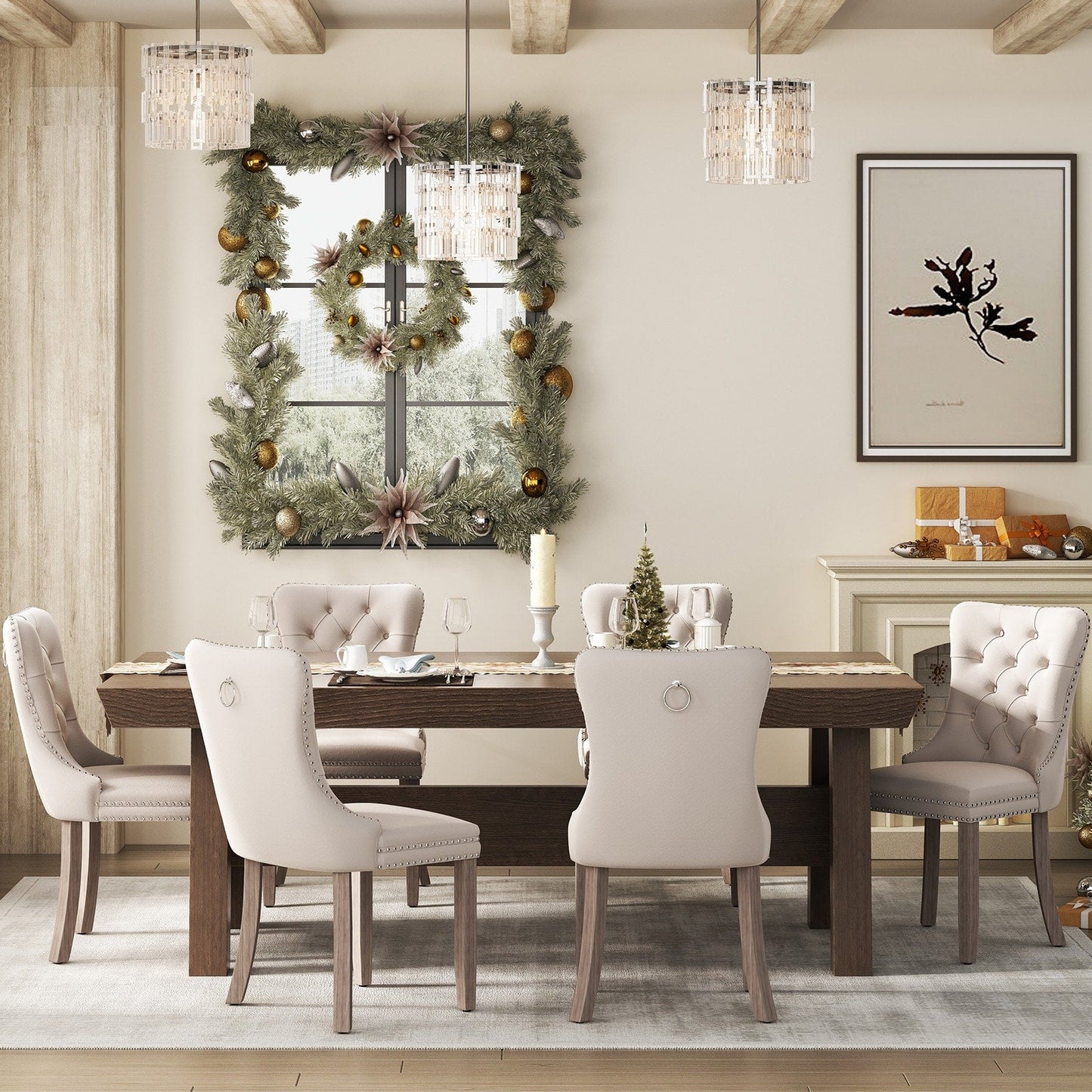 Chaise de salle à manger capitonnée en velours avec pieds en bois massif, lot de 6