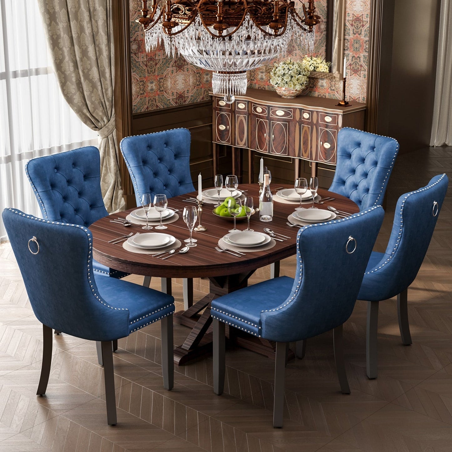 Chaise de salle à manger capitonnée en velours avec pieds en bois massif, lot de 6