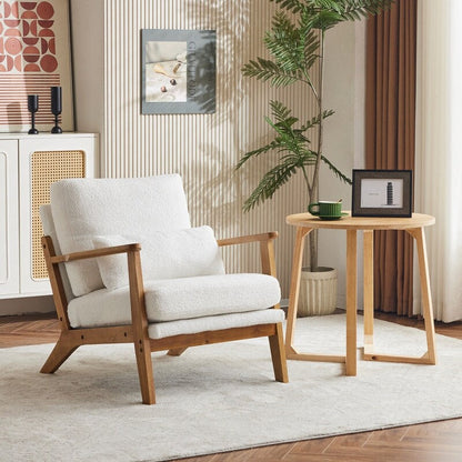 Fauteuil d'appoint rembourré en lin mélangé avec pieds en bois et un coussin beige