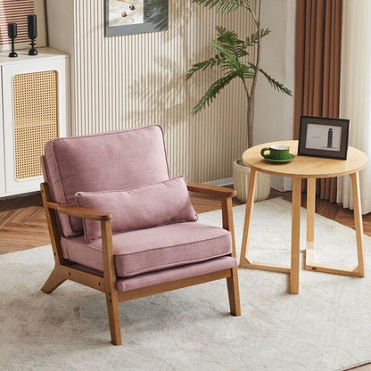Fauteuil d'appoint rembourré en lin mélangé avec pieds en bois et un coussin beige