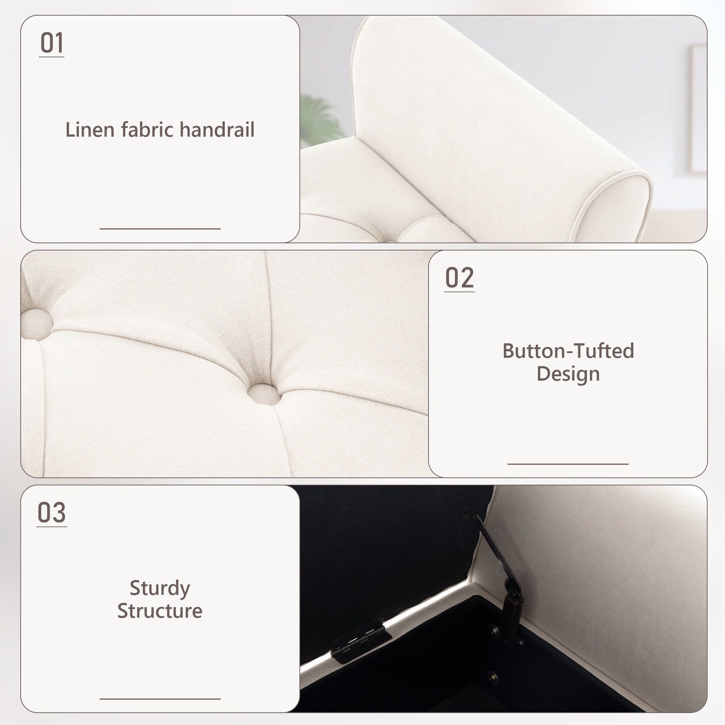 Banc de rangement rembourré, banc d'entrée avec dessus rabattable touffeté, 50,4 pouces