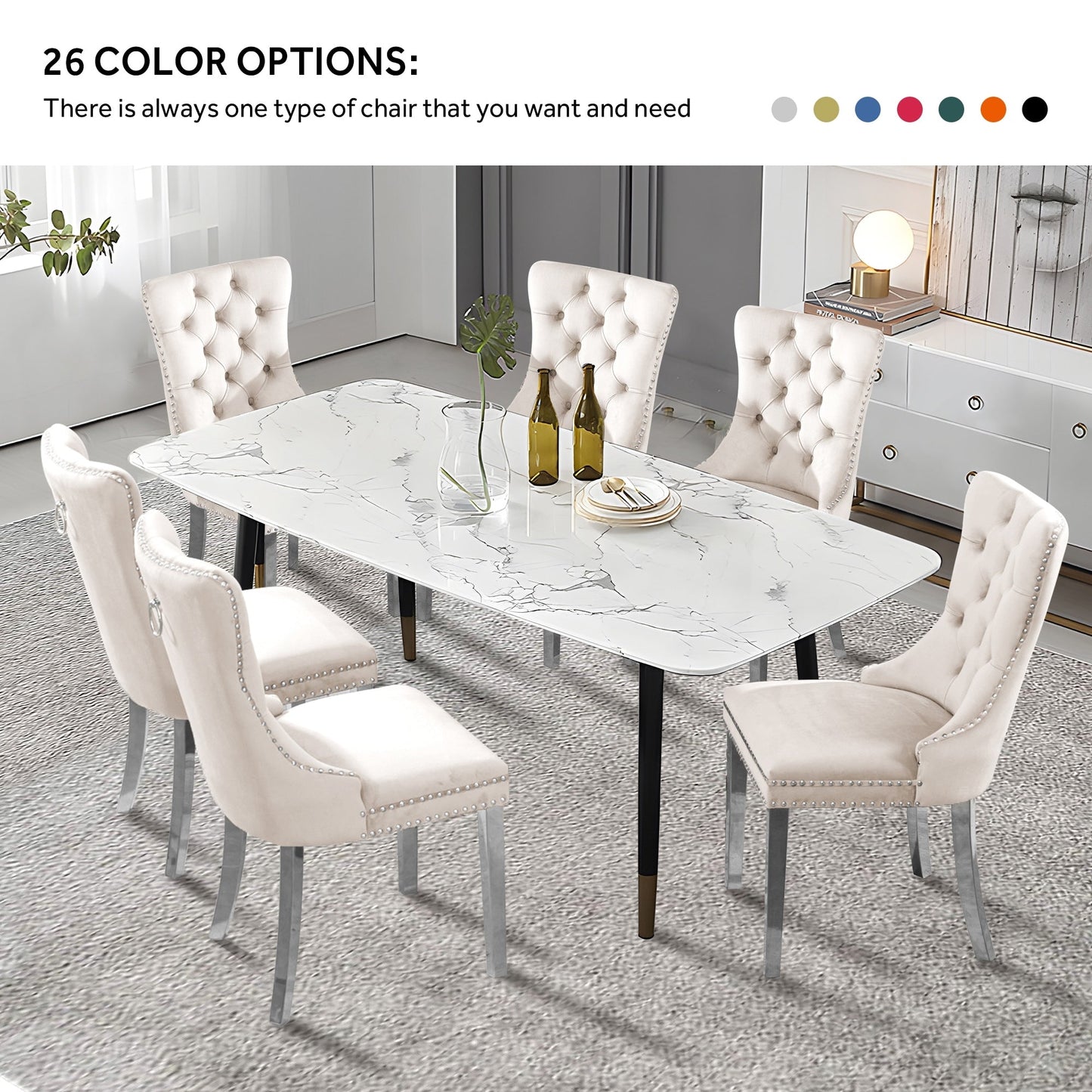 Chaise de salle à manger capitonnée en velours avec pieds en bois massif, lot de 6