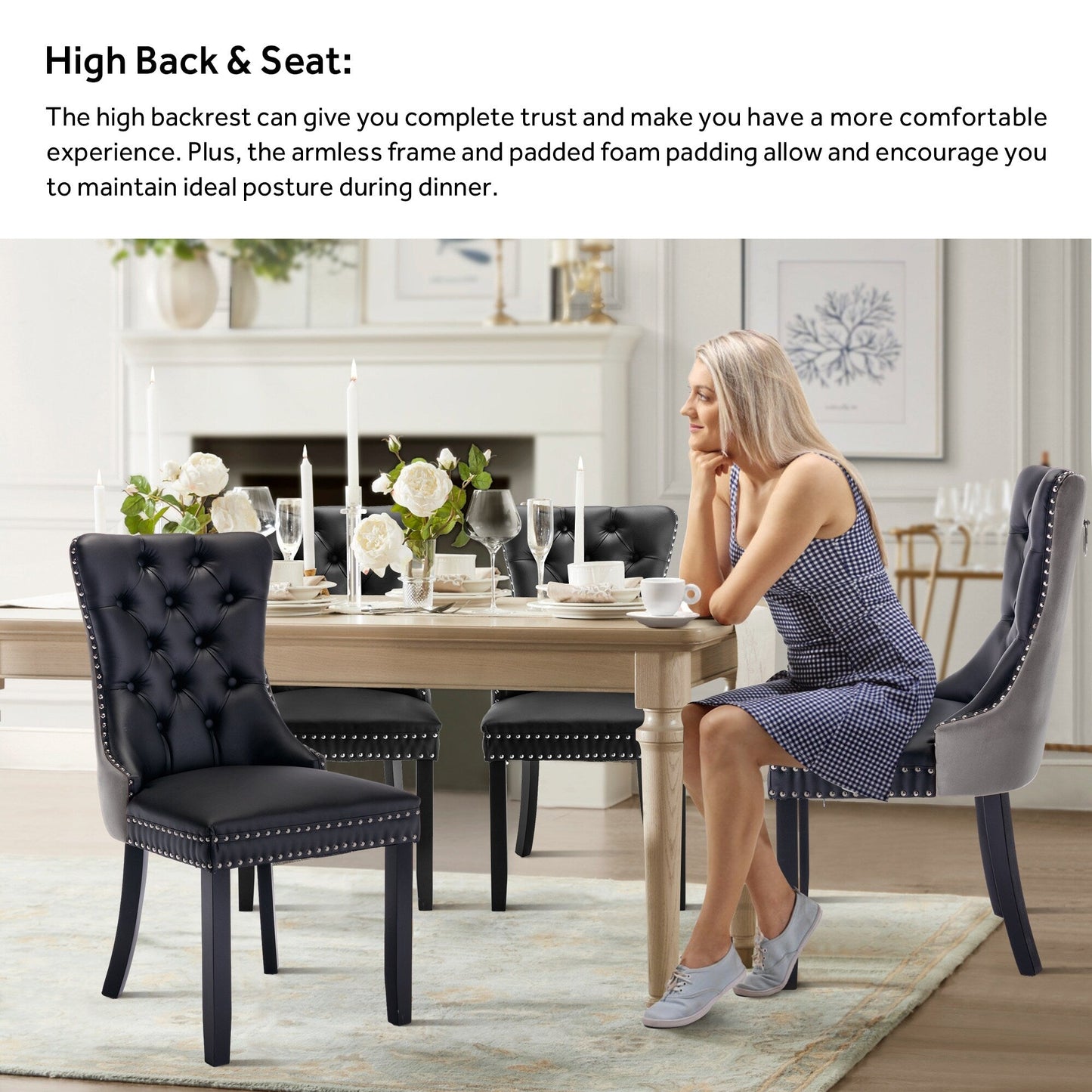 Chaise de salle à manger capitonnée en velours avec pieds en bois massif, lot de 6