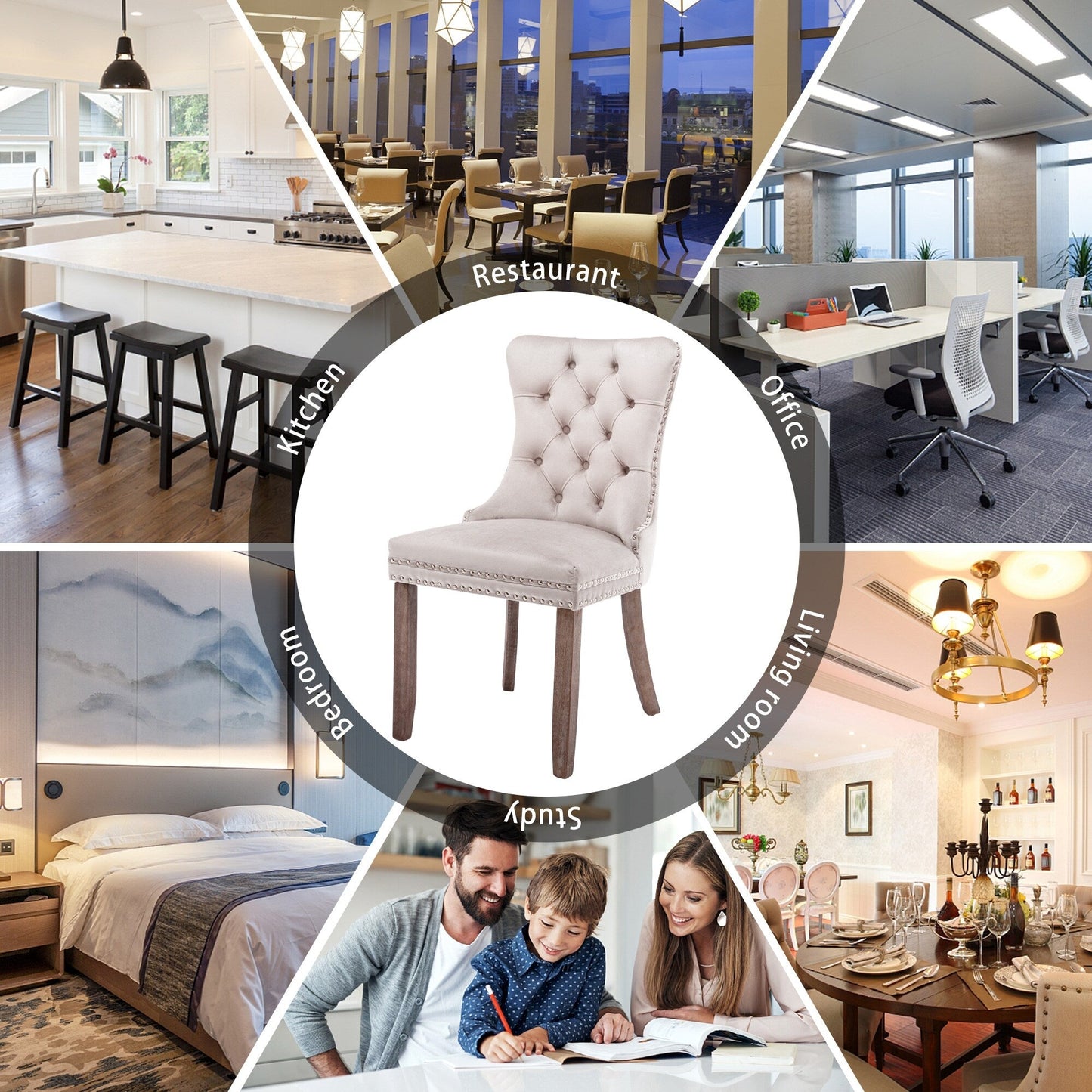 Chaise de salle à manger capitonnée en velours avec pieds en bois massif, lot de 6