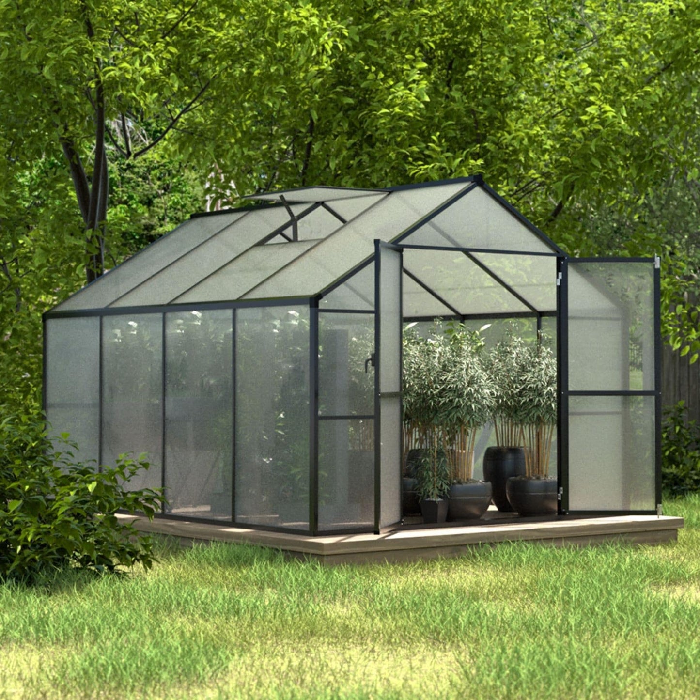 Serre de jardin en aluminium VEIKOUS avec ventilation de toit réglable et porte verrouillable, gris