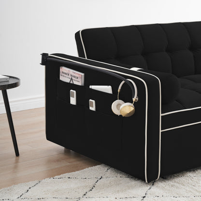 Canapé-lit convertible 2 places en velours de 55 pouces avec lit gigogne, inclinaison réglable, poches latérales et support pour téléphone