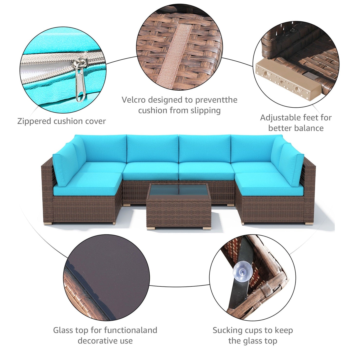 Ensemble de canapés d'extérieur sectionnels rembourrés en osier et acier, 7 pièces