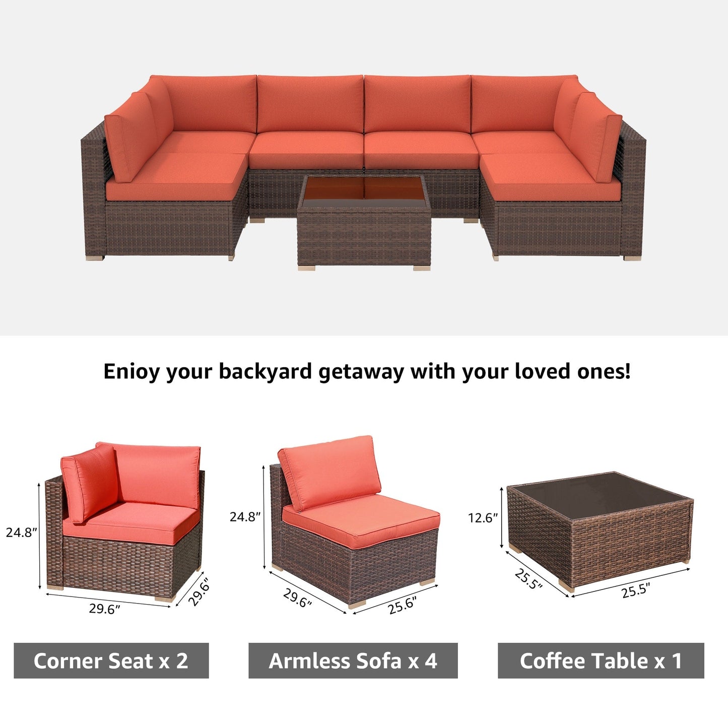 Ensemble de canapés d'extérieur sectionnels rembourrés en osier et acier, 7 pièces